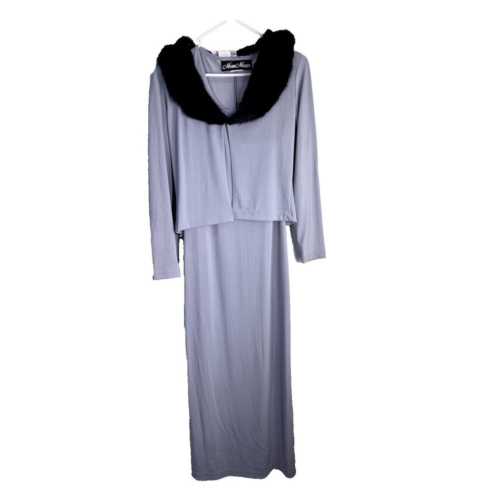 Meghan Matthews Dress Set Womens 6 Blue Maxi Faux Fur Collar Jacket 2pc Vintage‎